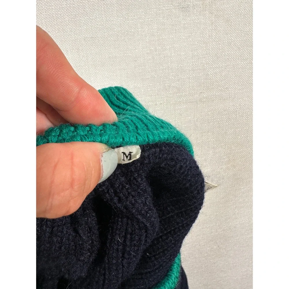 Vintage Elvstrom Italy Navy Blue‎ Wool Shawl Collar Sweater Green Trim medium